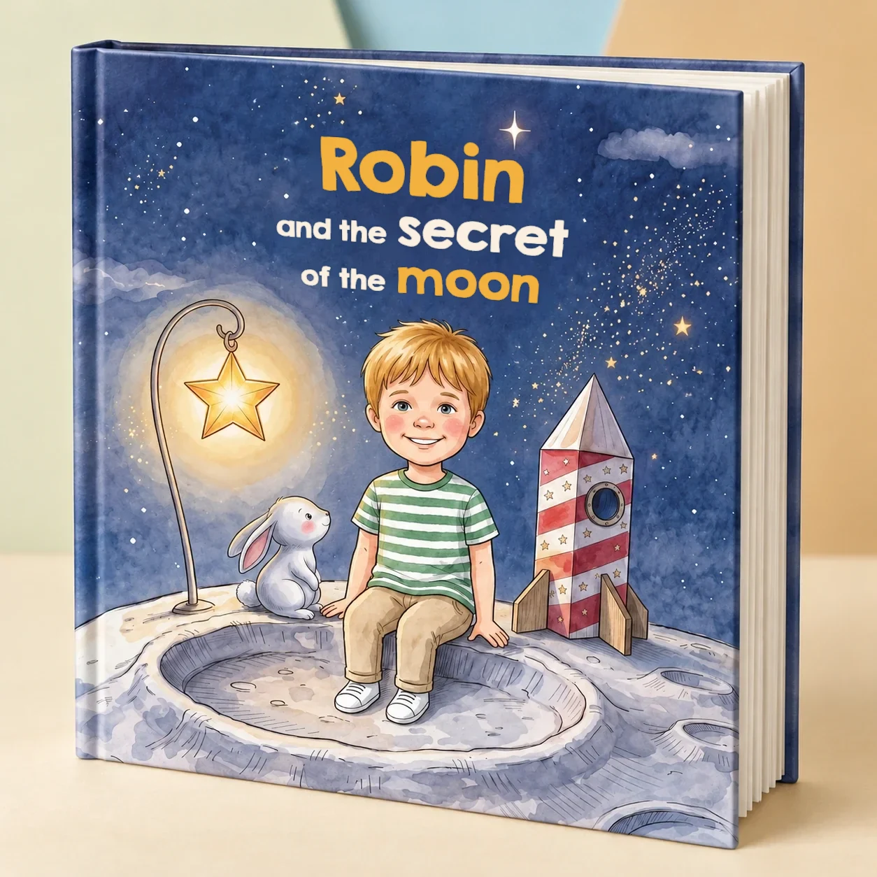 The book The Secret of the Moon with the name Robin on the cover, a child and a little rabbit on the moon