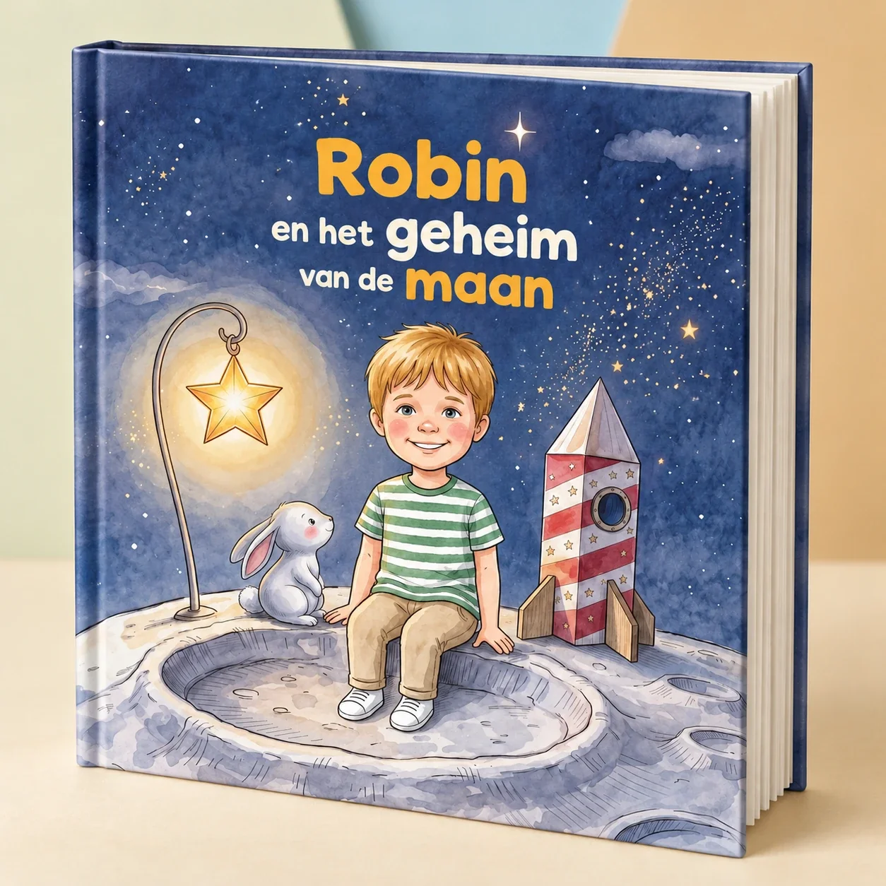 Het boek Het geheim van de maan met de naam Robin op de cover, een kind en een konijntje op de maan